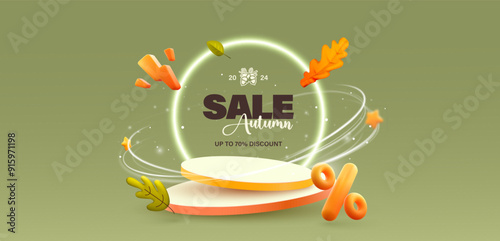 Autumn sale podium with falling leaves and discount tags and neon light. Fall sale advertising banner. Thanksgiving or seasonal marketing materials. Vector illustration on green background.