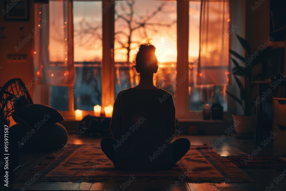 Person practicing mindfulness during a serene sunset in a cozy room Person practicing mindfulness during a serene sunset in a cozy room