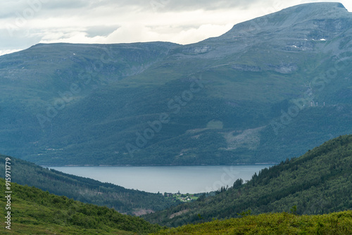 aerial view over Massvassbu area in the fjord of Andalsnes in Norway on a cold summer day - paradise for hikers