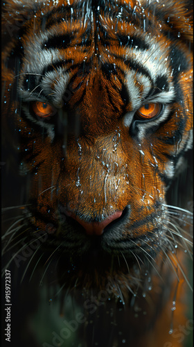 Close-up of a Tiger's Face in the Rain.