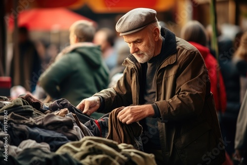 old man chooses clothes in a second hand. sale. help for those in need. market. stock clothing store. cheap photo