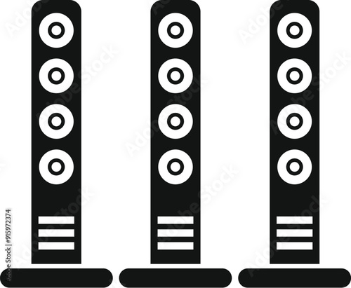 Black and white illustration of three tall audio speakers standing on floor with multiple loudspeakers