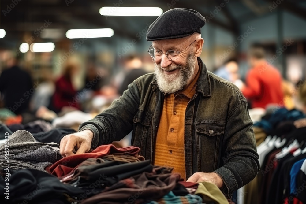 old man chooses clothes in a second hand. sale. help for those in need. market. stock clothing store. cheap old man chooses clothes in a second hand. sale. help for those in need. market. stock clothing store. cheap