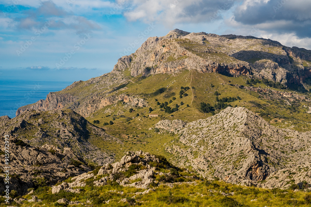 View of Puig Roig mountain, Serra de Tramuntana mountain range, Majorca, Balearic Islands, Spain View of Puig Roig mountain, Serra de Tramuntana mountain range, Majorca, Balearic Islands, Spain