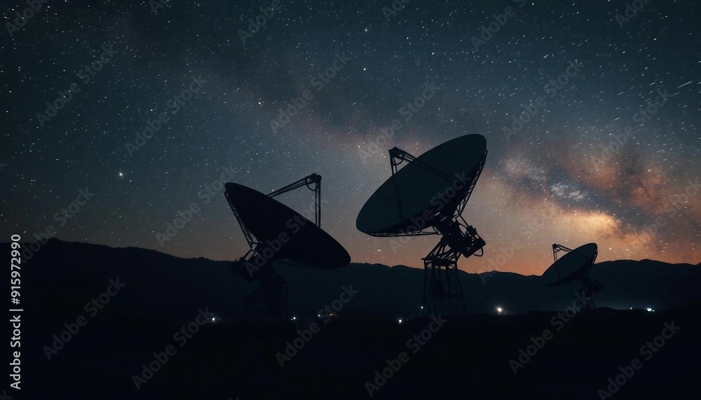 A network of large satellite dishes silhouetted against the night sky, antennas pointed toward stars, transmitting and receiving data from space. A network of large satellite dishes silhouetted against the night sky, antennas pointed toward stars, transmitting and receiving data from space.
