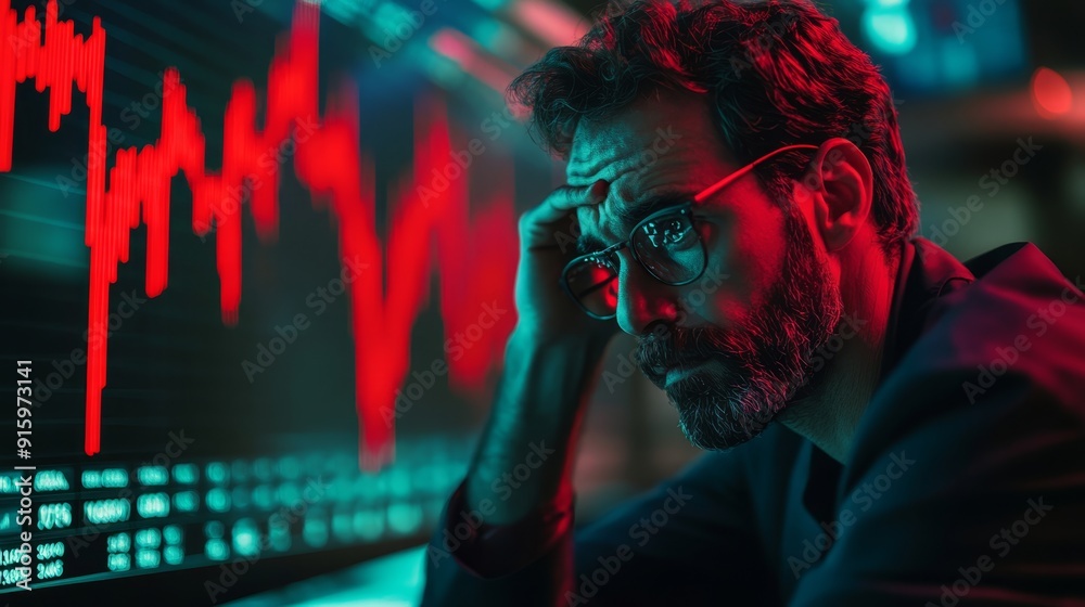 Fototapeta premium A stressed businessman holding his head in front of a stock market graph showing a sharp decline. Ideal for finance, economic crisis, and business stress themes.