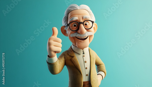 Illustration of a cheerful elderly man, showing a thumbs-up gesture in a 3D style on a light backdrop