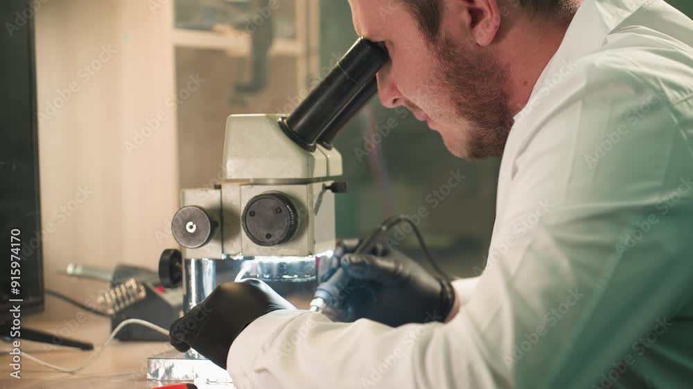 A close-up view of a focused technician in a lab coat carefully working on an electronic circuit board under a microscope A close-up view of a focused technician in a lab coat carefully working on an electronic circuit board under a microscope