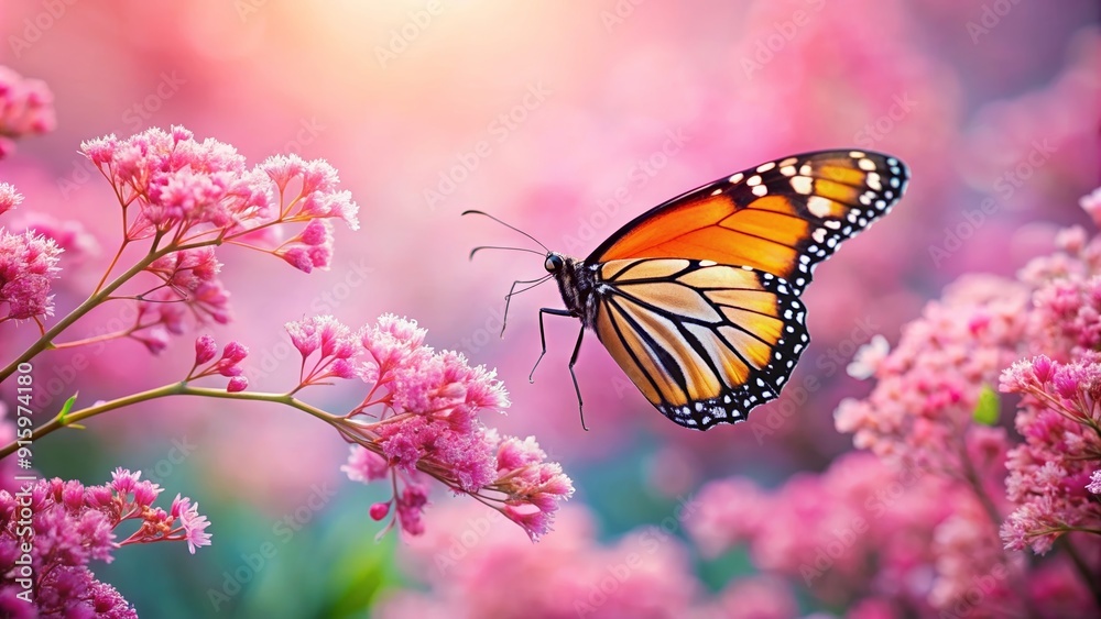 Beautiful pink monarch butterfly flying over blooming flowers, pink, monarch, butterfly, beauty, vibrant, colorful, nature, insect Beautiful pink monarch butterfly flying over blooming flowers, pink, monarch, butterfly, beauty, vibrant, colorful, nature, insect
