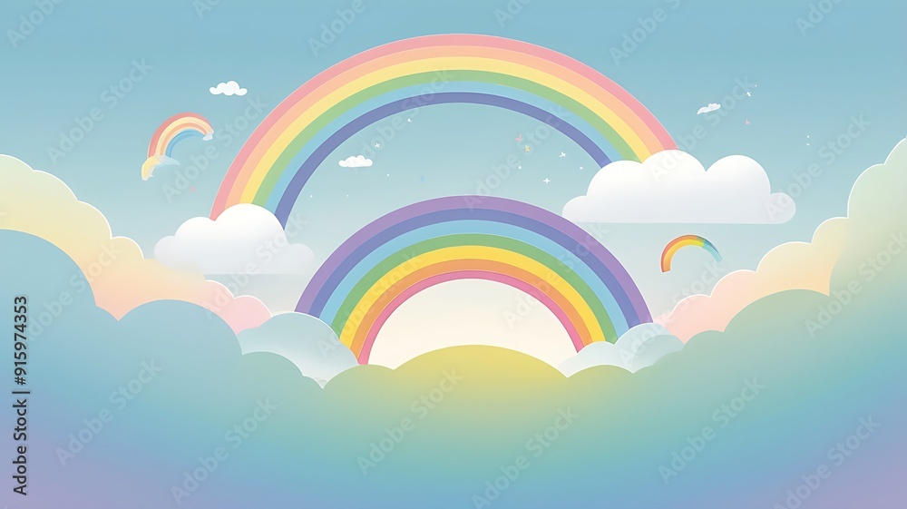Rainbow clouds sky moon stars sea hills depicts a vibrant and magical landscape suitable for fantasy book covers or posters. Rainbow clouds sky moon stars sea hills depicts a vibrant and magical landscape suitable for fantasy book covers or posters.