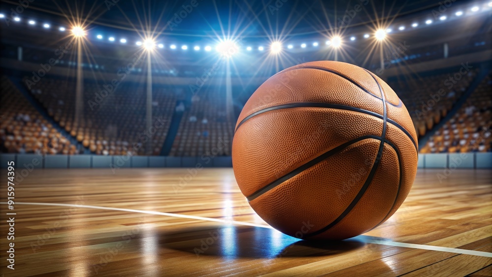Basketball resting on court during championship game, with copy space, basketball, court, game, championship, sport