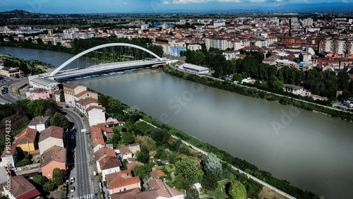 Aerial view of a Meier bridge across the Tanaro River, Alessandria, Piedmont, Italy photo