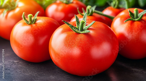 red tomatoes growing on a lush green vine in an organic garden. The vibrant fruits symbolize health, vitality, and abundance, thriving in natural, sunlit conditions