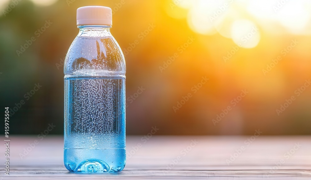 Water bottle with condensation, sunlit background, refreshing, daily hydration routine Water bottle with condensation, sunlit background, refreshing, daily hydration routine