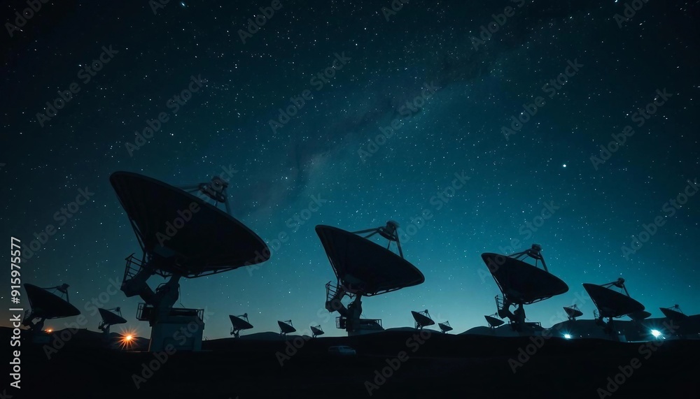 A network of large satellite dishes silhouetted against the night sky, antennas pointed toward stars, transmitting and receiving data from space. A network of large satellite dishes silhouetted against the night sky, antennas pointed toward stars, transmitting and receiving data from space.