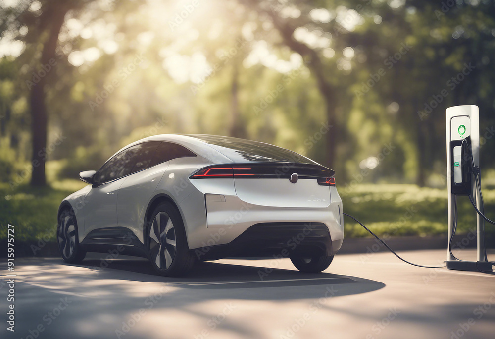 EV Car or Electric car at charging station with the power cable supply plugged in on blurred nature EV Car or Electric car at charging station with the power cable supply plugged in on blurred nature
