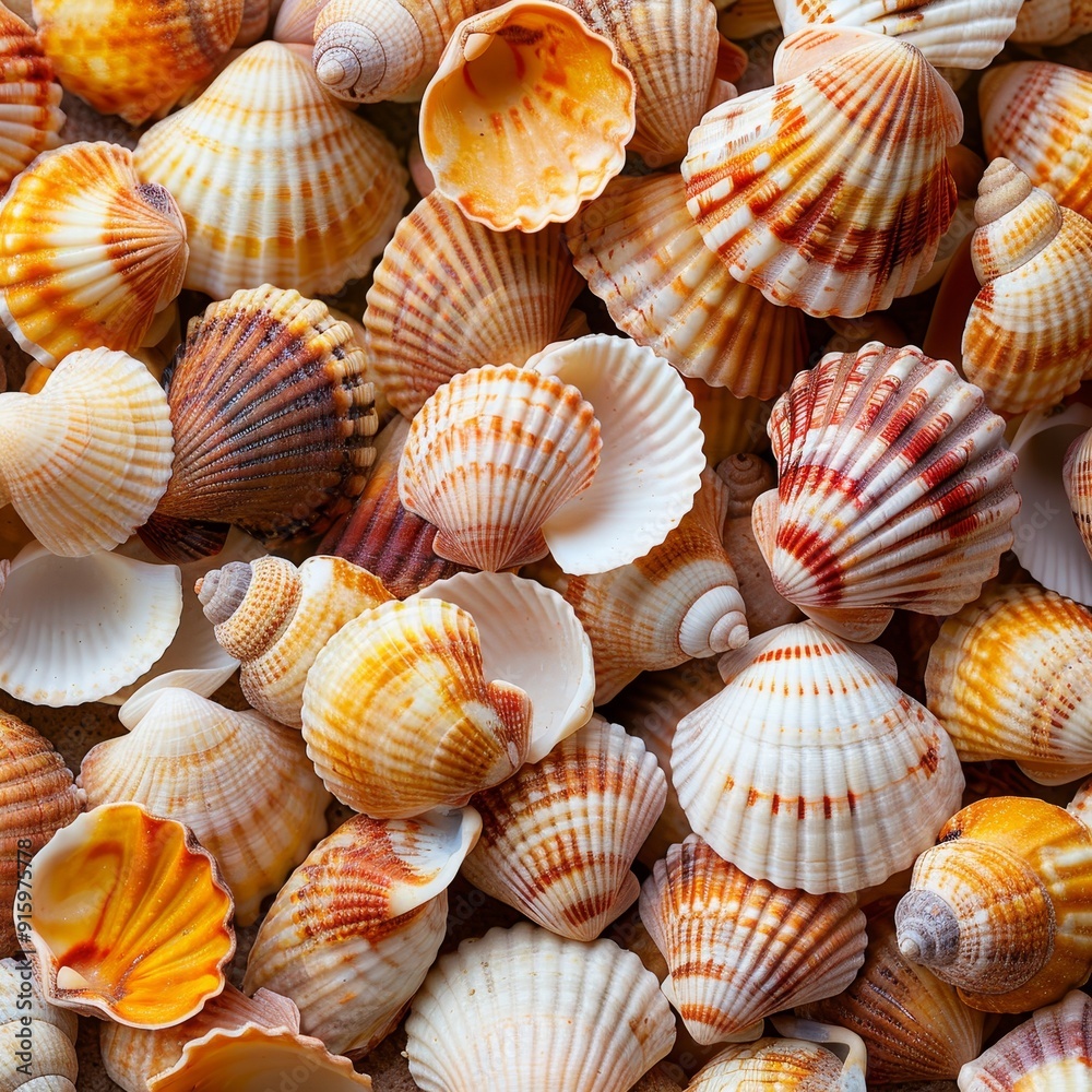 A beautiful collection of seashells with striped and ribbed patterns in beach colors like white, yellow, orange, and brown, including clams and conches, adding coastal elegance to any display. A beautiful collection of seashells with striped and ribbed patterns in beach colors like white, yellow, orange, and brown, including clams and conches, adding coastal elegance to any display.