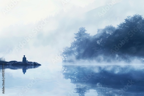 Serenity by the lakeside, a person meditates in morning mist