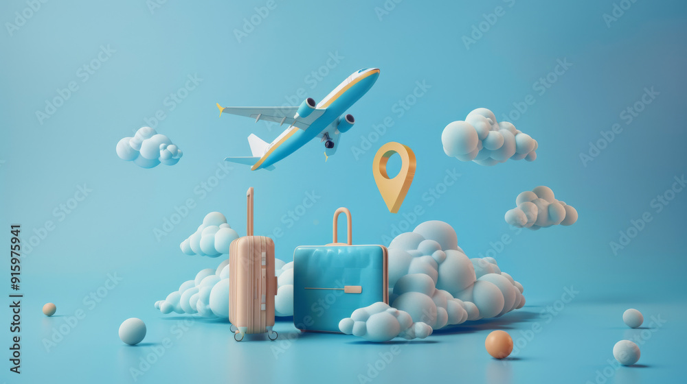 Create travel designs with an image of an airplane, clouds, a blue passport, and luggage next to a large location pin. Use a blue background for summer travel advertising. Create travel designs with an image of an airplane, clouds, a blue passport, and luggage next to a large location pin. Use a blue background for summer travel advertising.