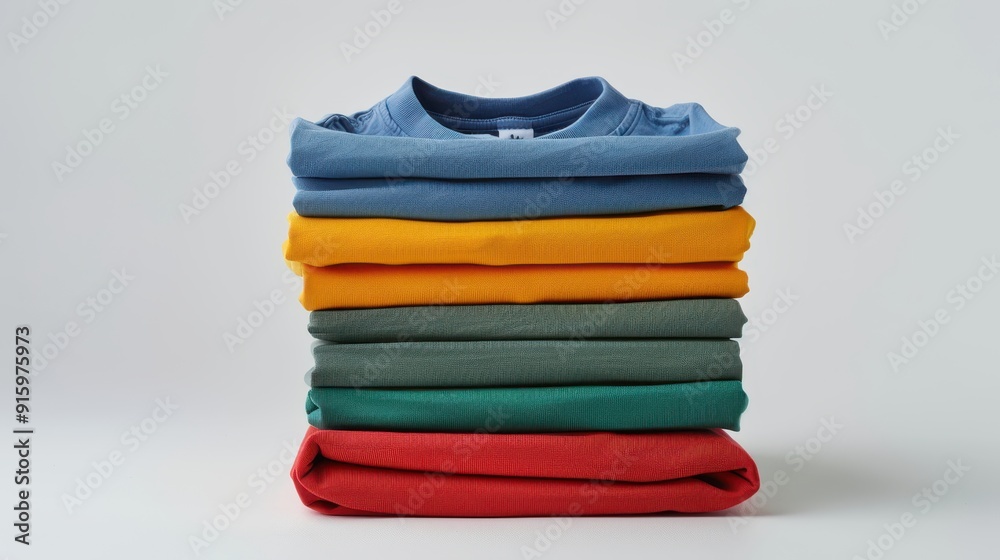 Clothing is organized in a neat stack featuring various bright colors against a simple backdrop Clothing is organized in a neat stack featuring various bright colors against a simple backdrop