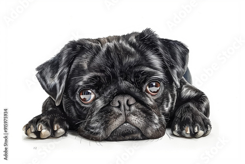 A realistic illustration of a black pug resting with a sad expression.