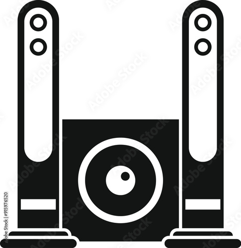 Audio system playing music with two speakers and subwoofer for home entertainment