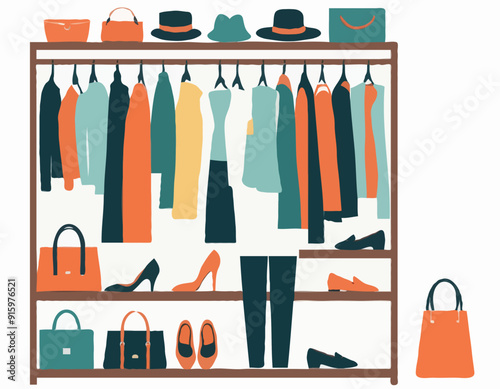 Vector illustration of wardrobe with stylish clothes, shoes and bags 