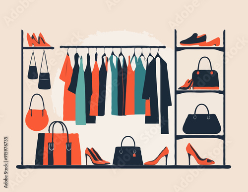 Vector illustration of wardrobe with stylish clothes, shoes and bags 