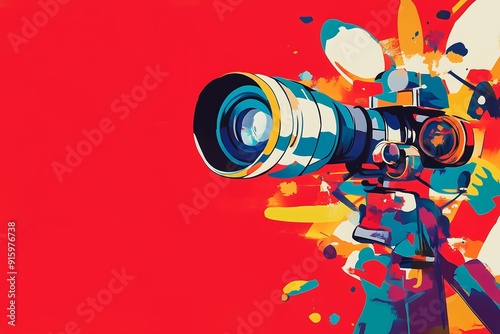 Video photo camera on a red background, splashes of paint. expressive illustration, concept of the press and the word of freedom, for the media and journalists, side view, copy space for text