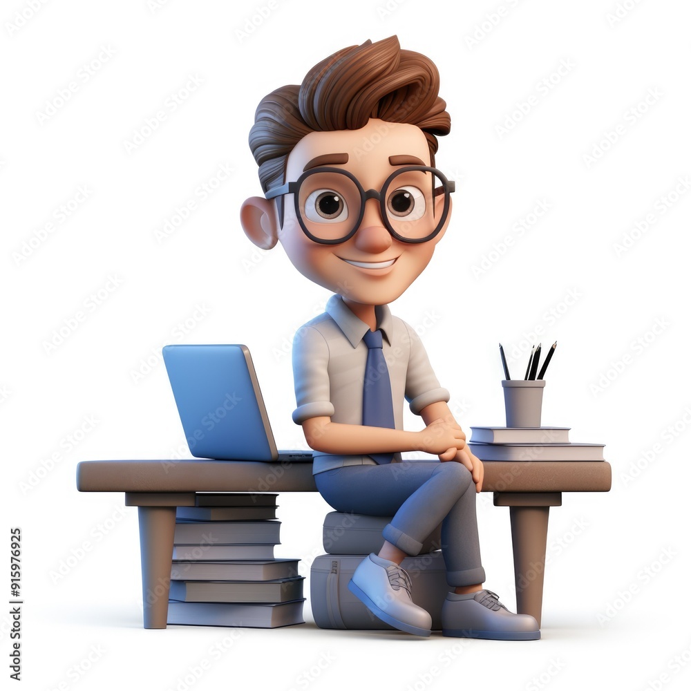 3d character office worker man. table, books. old student. accountant. manager. director audit