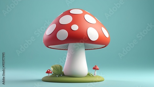 Red spotted mushroom with two red mushrooms, all smiling, perfect for naturethemed designs, childrens books, and environmental campaigns. photo