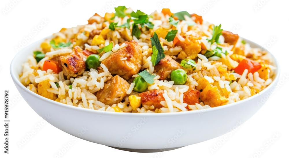 Vegetable fried rice served in a white bowl, cut out - stock png. Vegetable fried rice served in a white bowl, cut out - stock png.
