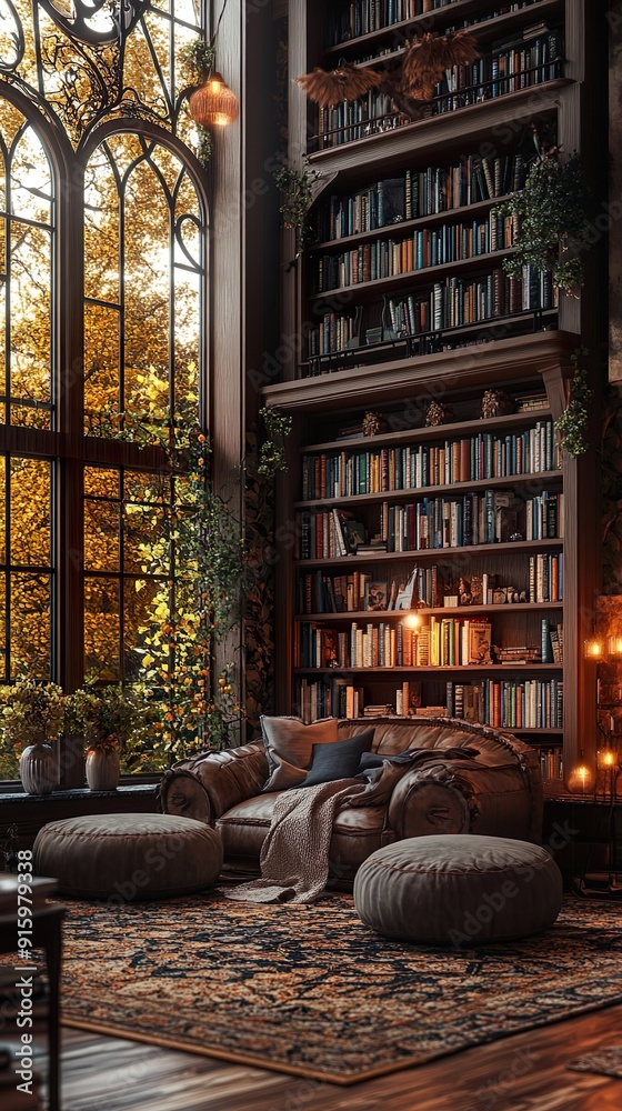 Cozy library featuring tall bookshelves, comfortable seating, and warm light picture Cozy library featuring tall bookshelves, comfortable seating, and warm light picture