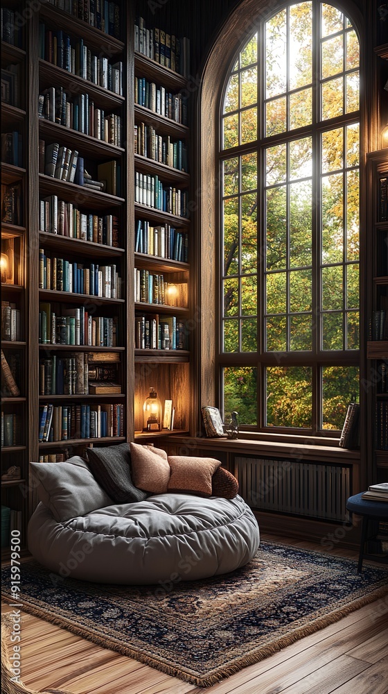 Comfortable reading area with floor to ceiling shelves and warm lighting picture Comfortable reading area with floor to ceiling shelves and warm lighting picture