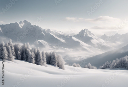 Mountain in winter snow blank covered landscape panorama of beautiful hills scenery isolated on whit