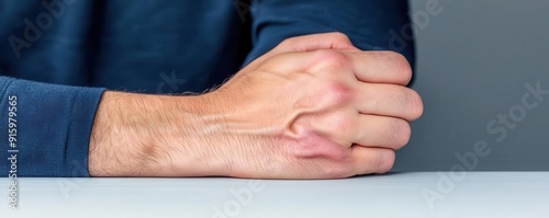 Close-up of hand gripping edge of table, veins bulging, fingers tense, hyper-realistic texture, acute physical pain and discomfort photo