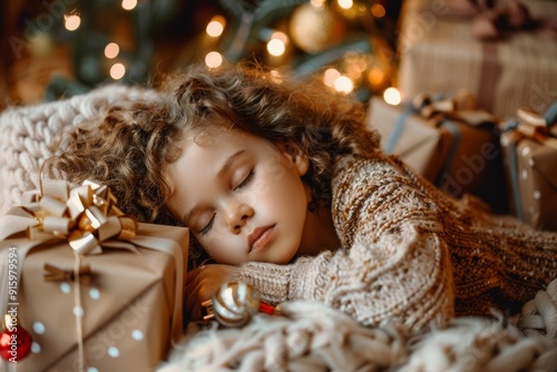 Little girl curly hair peacefully dreams her cozy bed. Beautiful repose her gentle face epitomizes childlike innocence. Serene environment that nurtures sweet tender dreams.