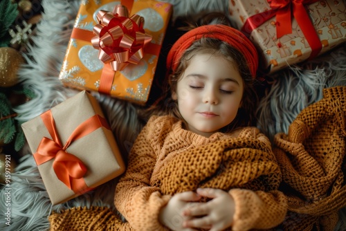 Serene night marked little girl dreams of festive magic. Serenely she rests little arabian girl dreaming of joyous celebration. Holiday dreams bridging warmth of family traditions and joy. photo