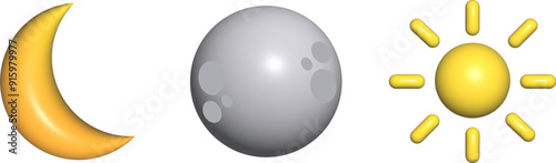 3D sun and moon icons, crescent moon icon isolated. Realistic rendering of a star and planet, full gray moon and yellow sun. Heavenly vector elements EPS 10.