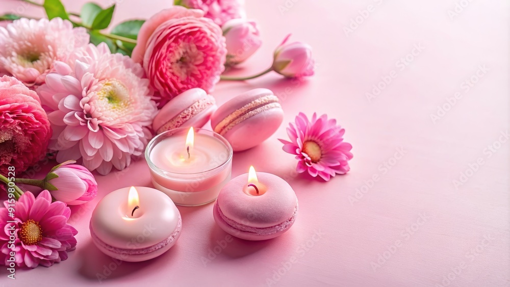 Pink flowers, candles, and a macaron on a pink background, flowers, candles, macaron, pink, background, feminine, elegant Pink flowers, candles, and a macaron on a pink background, flowers, candles, macaron, pink, background, feminine, elegant