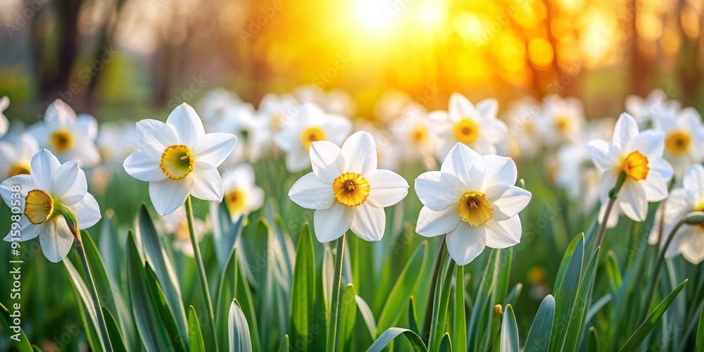 Fototapeta premium White daffodils blooming in a spring garden, spring, flowers, white, daffodils, bloom, garden, nature, petals, plant, blossom