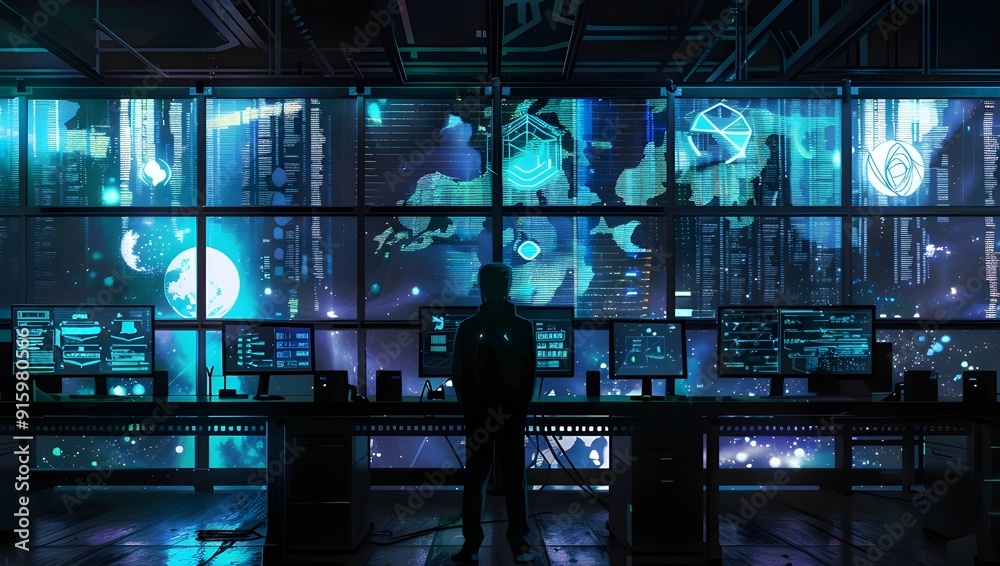 A cyber security professional in front of multiple monitors, monitoring digital traffic and data for potential cyber-mediated threats.