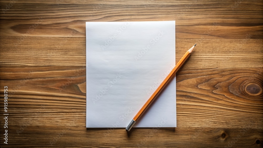 A close-up photo of a wooden desk with a white paper and a pencil placed on top, paper, pencil, school supplies, stationary A close-up photo of a wooden desk with a white paper and a pencil placed on top, paper, pencil, school supplies, stationary