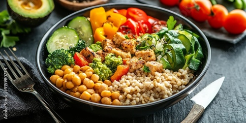 Nourishing Plant-Based Meal: A Healthful Veggie Bowl Brimming with Colorful Vegetables and Grains for the Ideal Nutritious and Balanced Diet photo