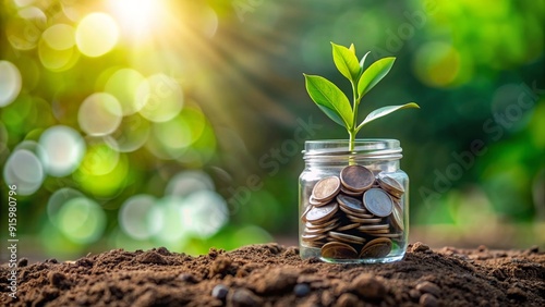 Wallpaper Mural Glass jar filled with coins and plant placed in dirt depicting growth and money, money, coins, growth, savings, investment Torontodigital.ca
