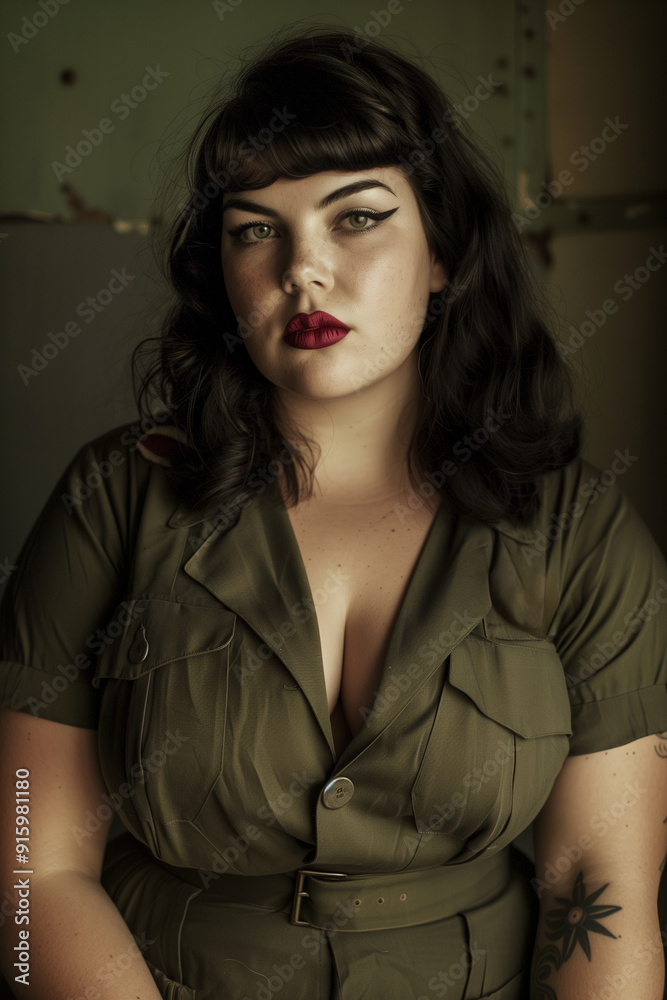 Plus size female mechanic in pinup style. Copy space, background. Plus size female mechanic in pinup style. Copy space, background.