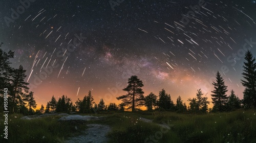 Meteor shower in the pine forest , Generative AI photo