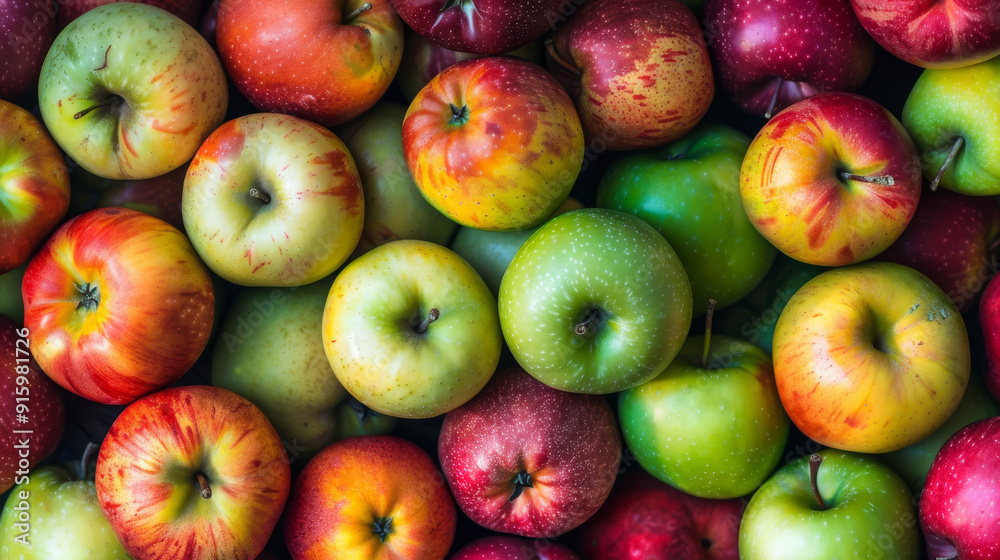 Ripe apples of various colors, including red and green, are shown in the backdrop.