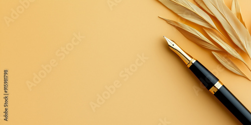 Black and gold pen with golden leaves on minimalist gold background, photorealistic, elegant.