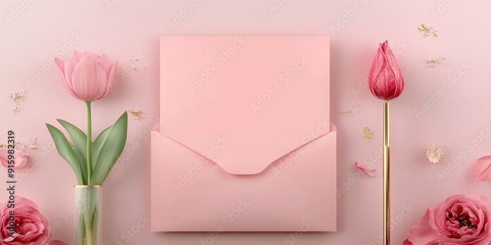 Obraz premium Pink envelope with tulips and roses on pink background, soft and romantic, photorealistic floral composition.